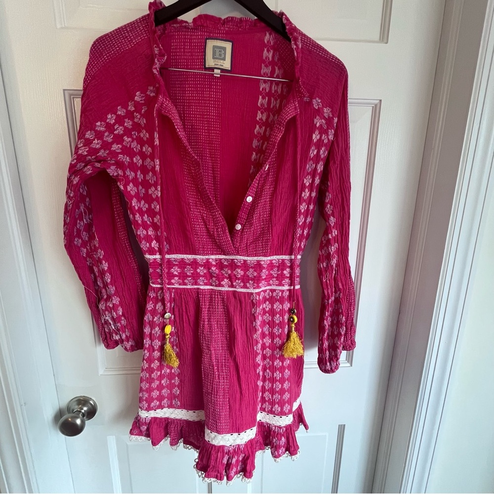 Bell Dress Alicia Bell Pink White Embroidered Tassel Dress Coverup SZ Med Boho - Picture 2 of 13